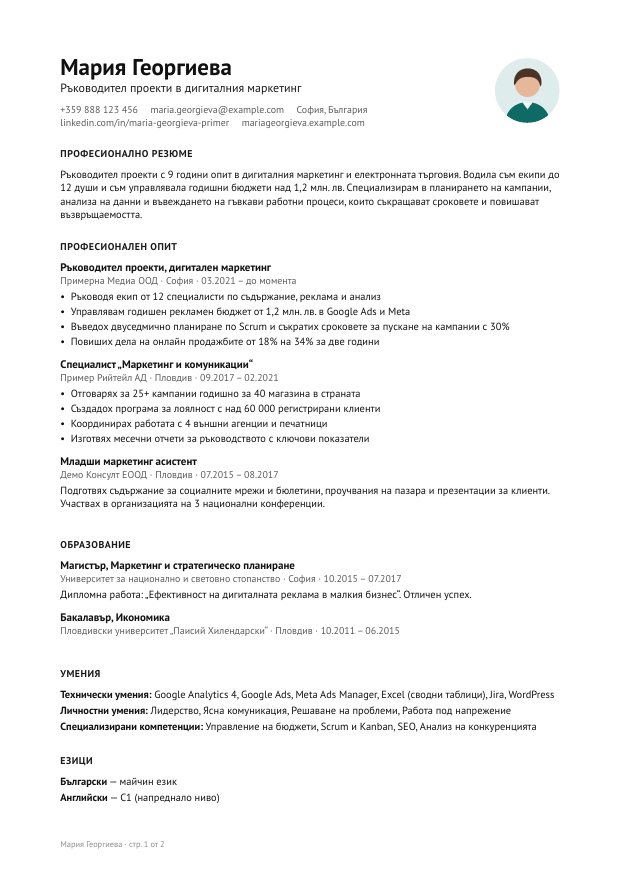 Шаблон „Минималистичен“: една колона, много бяло пространство и малка кръгла снимка до името.